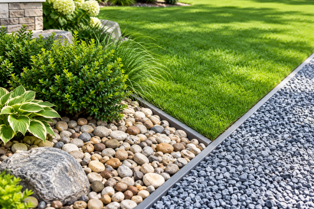 10 Low Maintenance Landscaping Ideas for Busy Homeowners 2 Decorative gravel and rock features beside a residential lawn and planting bed