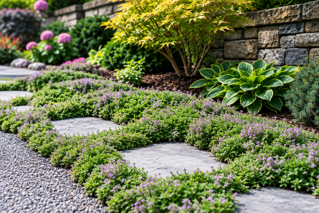 10 Low Maintenance Landscaping Ideas for Busy Homeowners 1 Ground cover plants surrounding stepping stones in a landscaped garden
