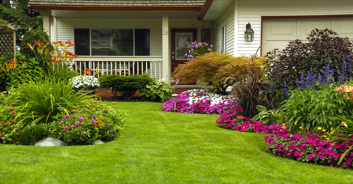 ow-maintenance residential landscape with lawn and planted garden beds