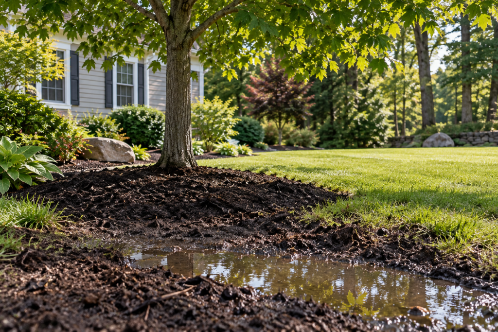 Tree growing in wet soil with standing water in a residential landscape