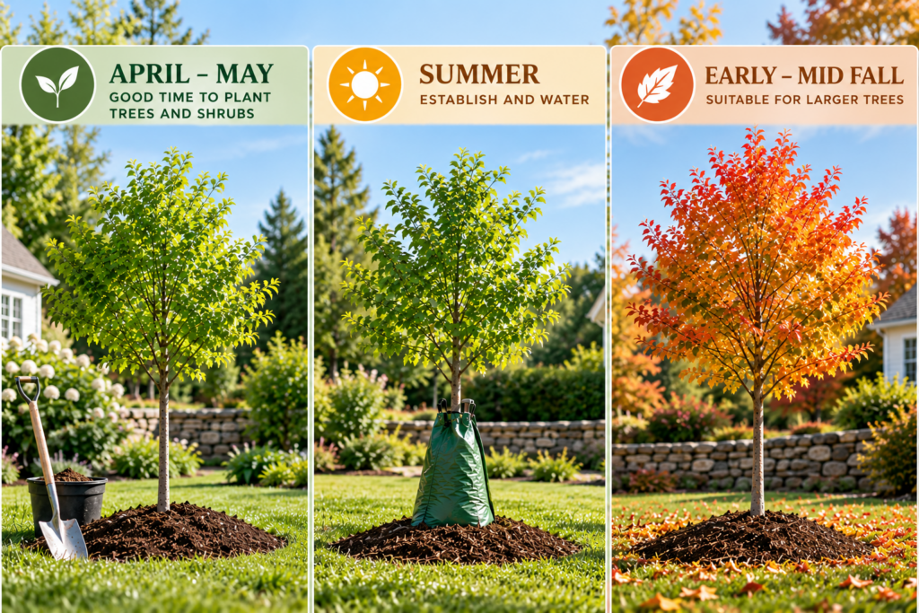 Seasonal tree planting guide for Rhode Island showing spring, summer, and early fall