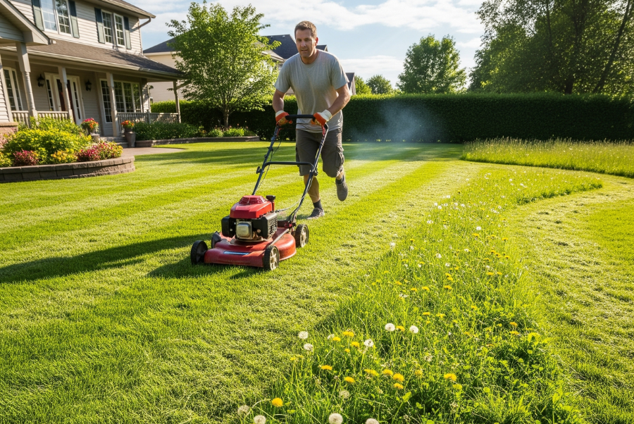 7 Common Lawn Mowing Tips Every Coventry RI Homeowner Gets Wrong 3 Lawn mower struggling on wet Coventry RI grass