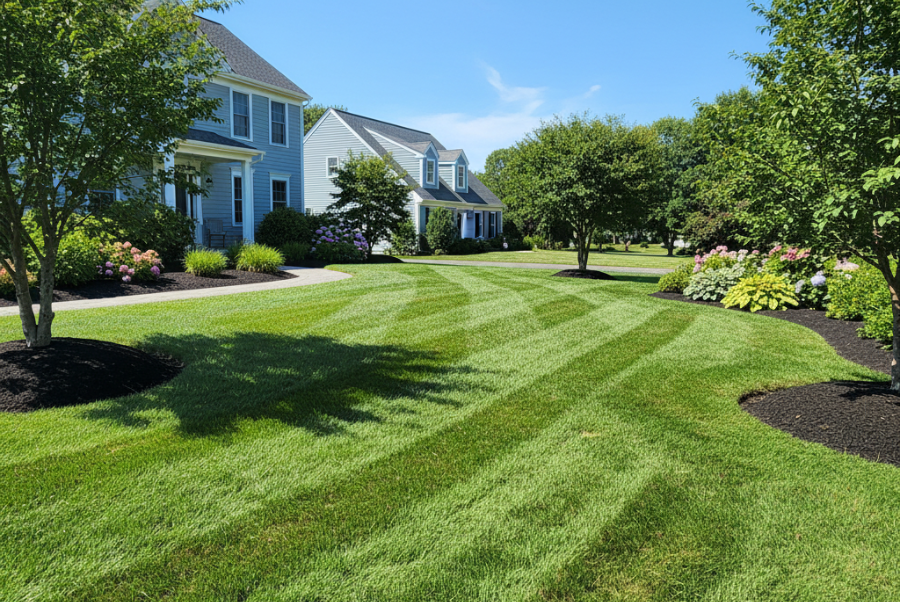 Healthy green lawn in Coventry RI maintained at proper optimal mowing height