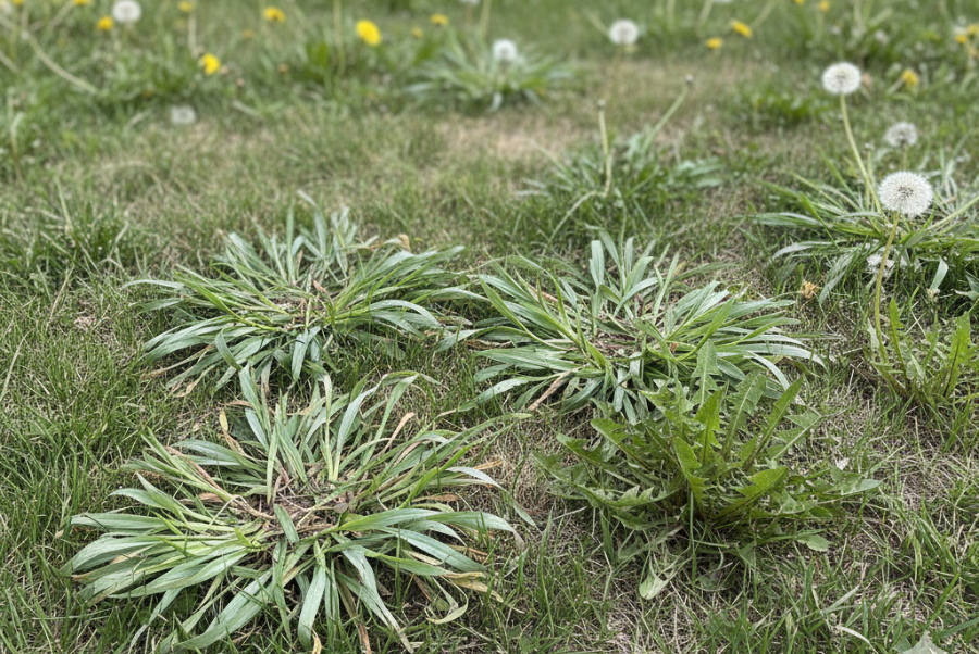 Weed takeover in Coventry RI lawn from cutting grass too short - optimal mowing height