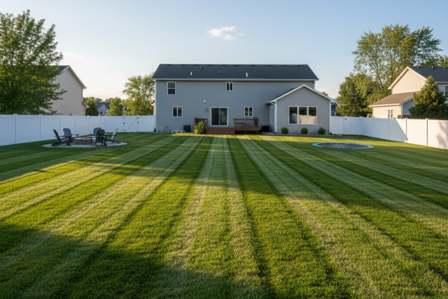 Classic striped mowing pattern on a Coventry RI lawn