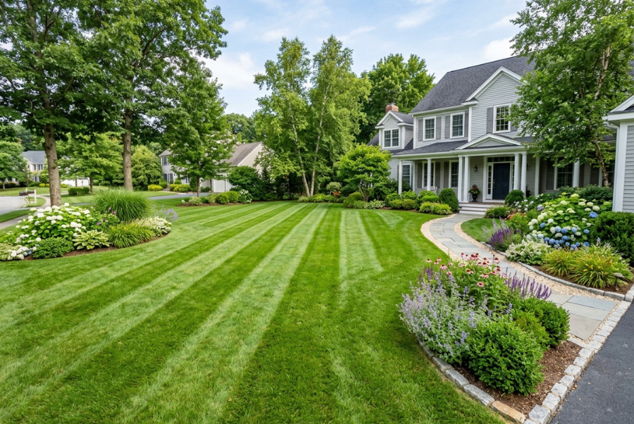 Which Lawn Mowing Patterns Improve Curb Appeal? 2 Alternating mowing stripes across a freshly mowed residential lawn