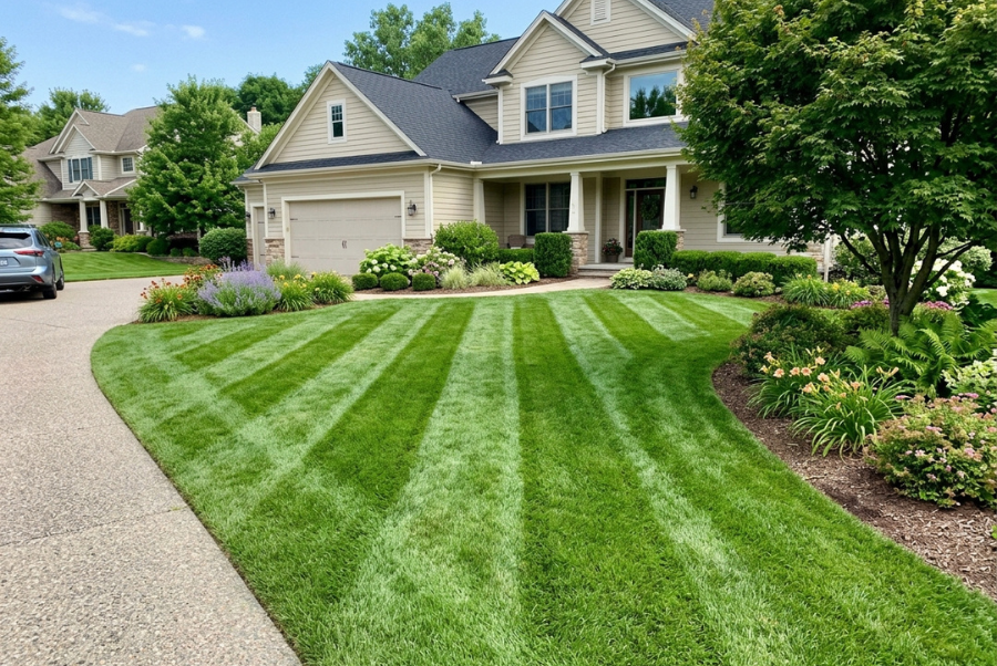Which Lawn Mowing Patterns Improve Curb Appeal? 3 Residential lawn with clean diagonal mowing lines creating a dynamic appearance