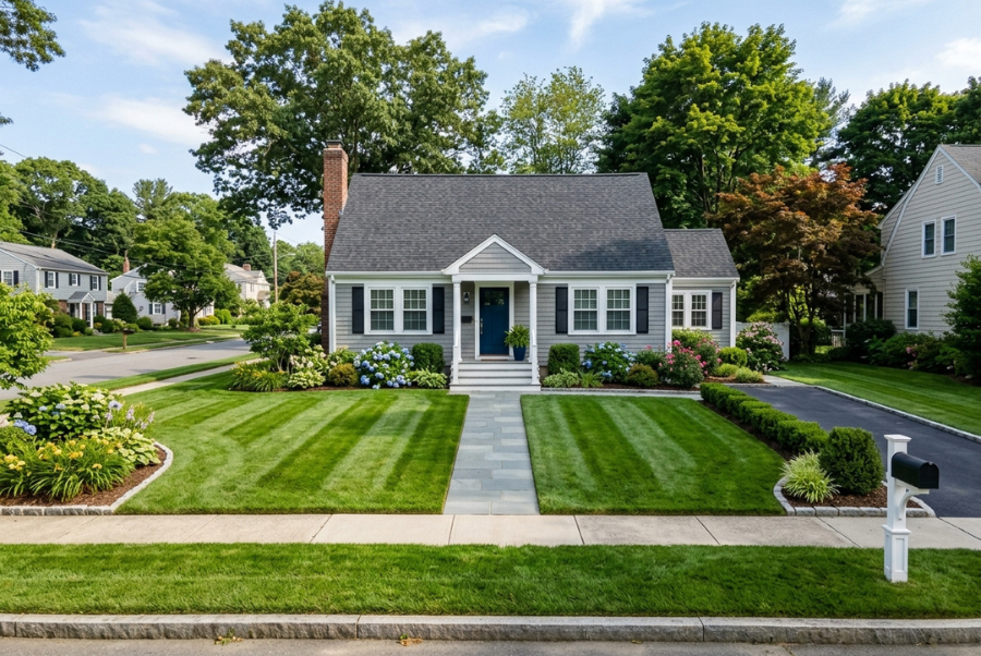 Freshly mowed residential lawn with clean mowing stripes and attractive curb appeal