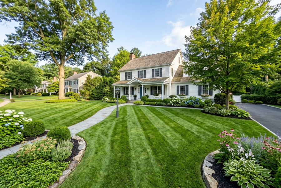 Which Lawn Mowing Patterns Improve Curb Appeal? 1 Straight parallel mowing lines creating a clean traditional lawn appearance