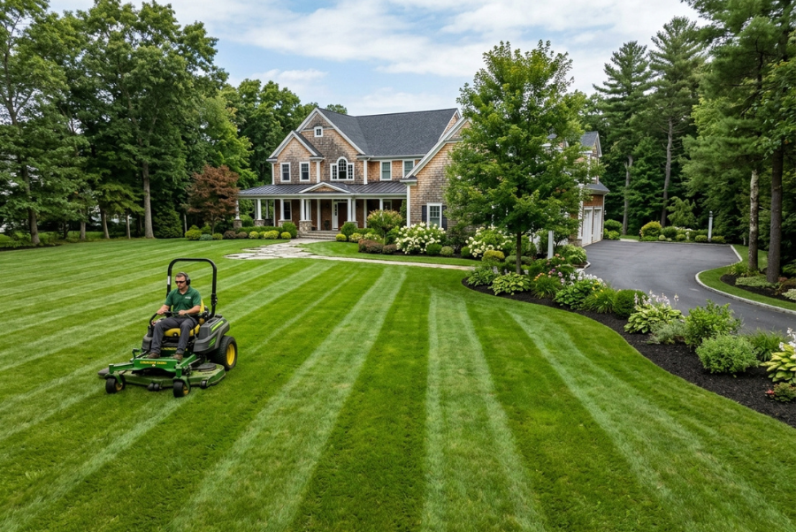 Large residential property with an expansive lawn being mowed around trees and landscaping