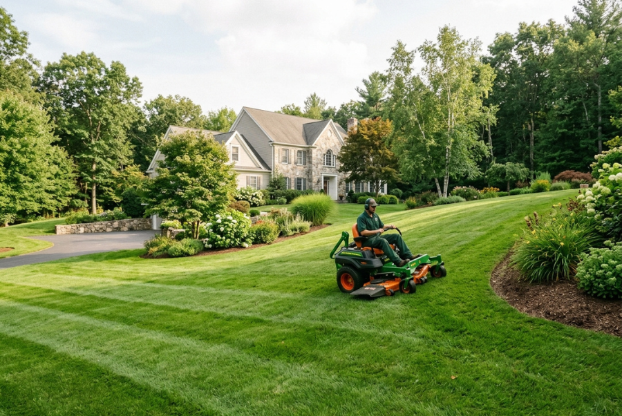 Large residential lawn with flat and gently sloped areas requiring different mowing approaches