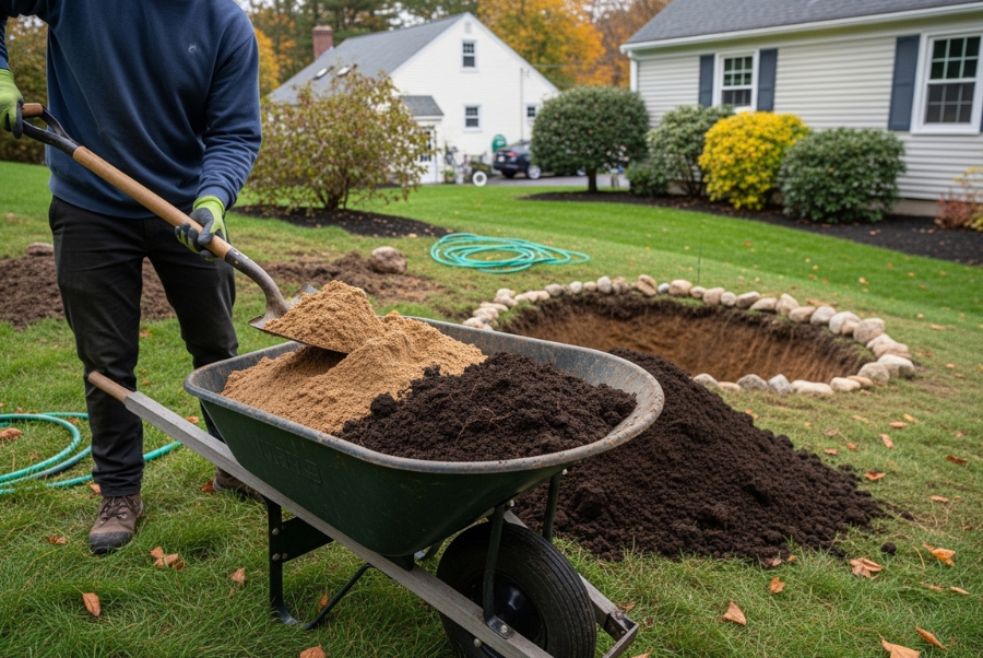 Preparing soil mix for building a rain garden in Coventry RI