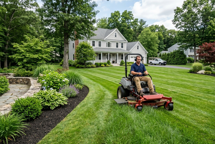 Professional landscaper mowing a residential lawn