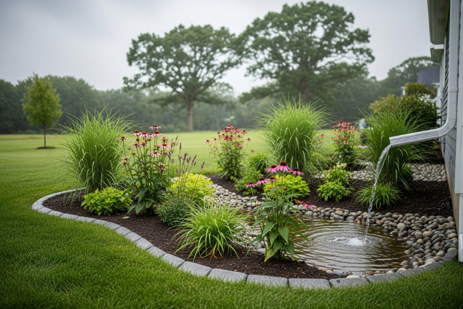 Beautiful rain garden design in a Coventry RI residential backyard managing stormwater runoff