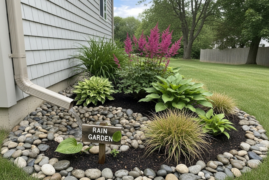 Downspout directing water into a rain garden for stormwater management in Coventry RI