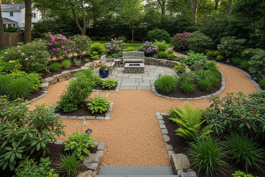 no lawn landscaping Coventry RI modern backyard design with gravel and native plants