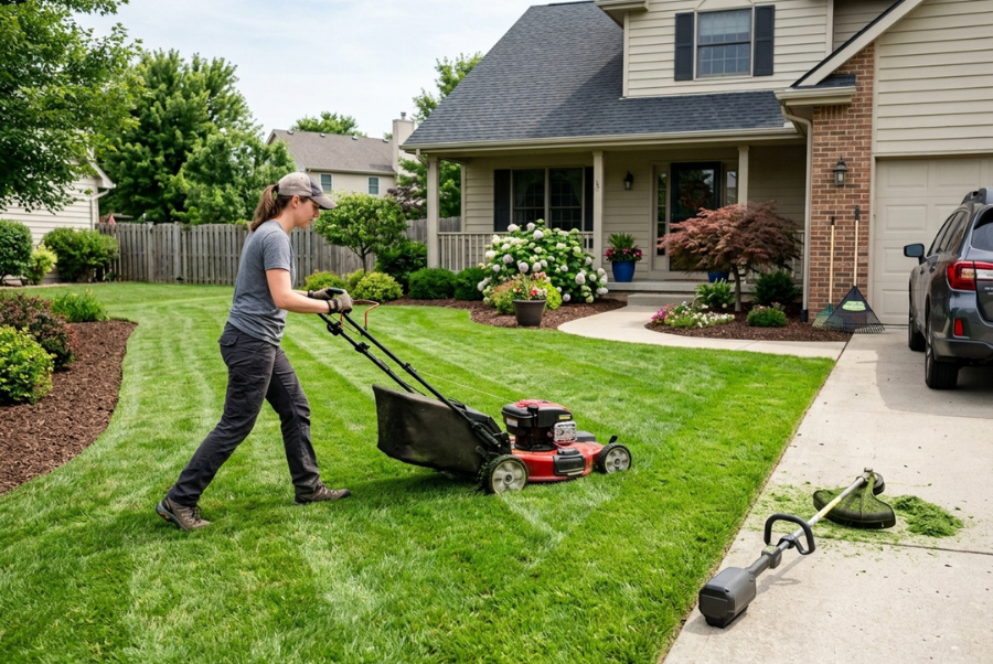 Is Professional Lawn Mowing Worth It? 2 Homeowner handling a DIY lawn mowing routine with lawn care equipment