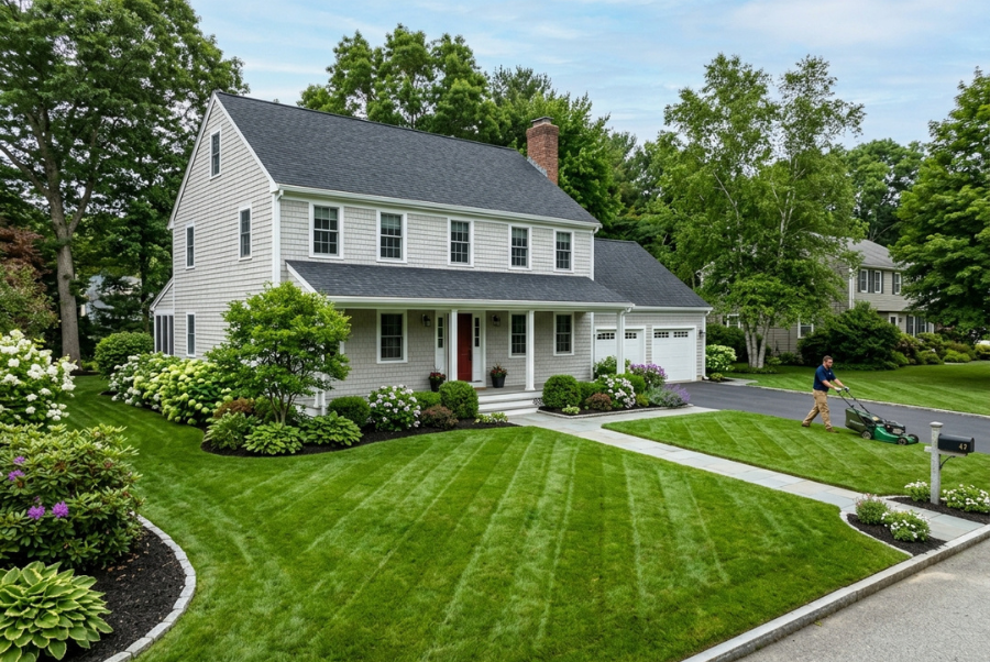 Professional lawn mowing on a well-maintained residential lawn in Rhode Island