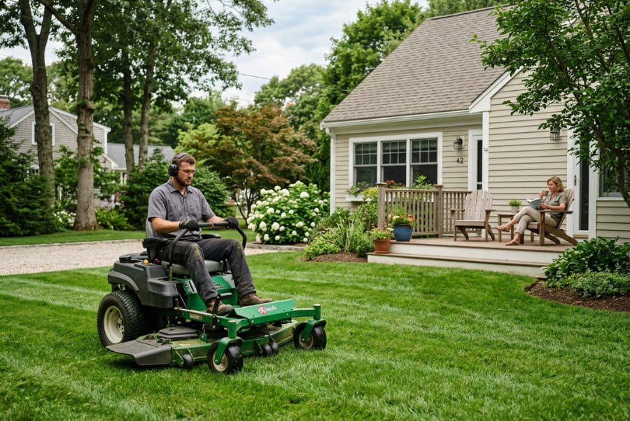Is Professional Lawn Mowing Worth It? 3 Professional landscaper providing recurring lawn mowing service at a residential property