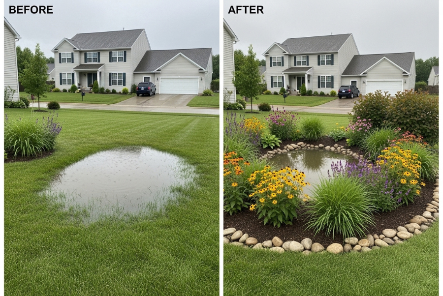 reduce yard flooding Coventry RI with rain garden