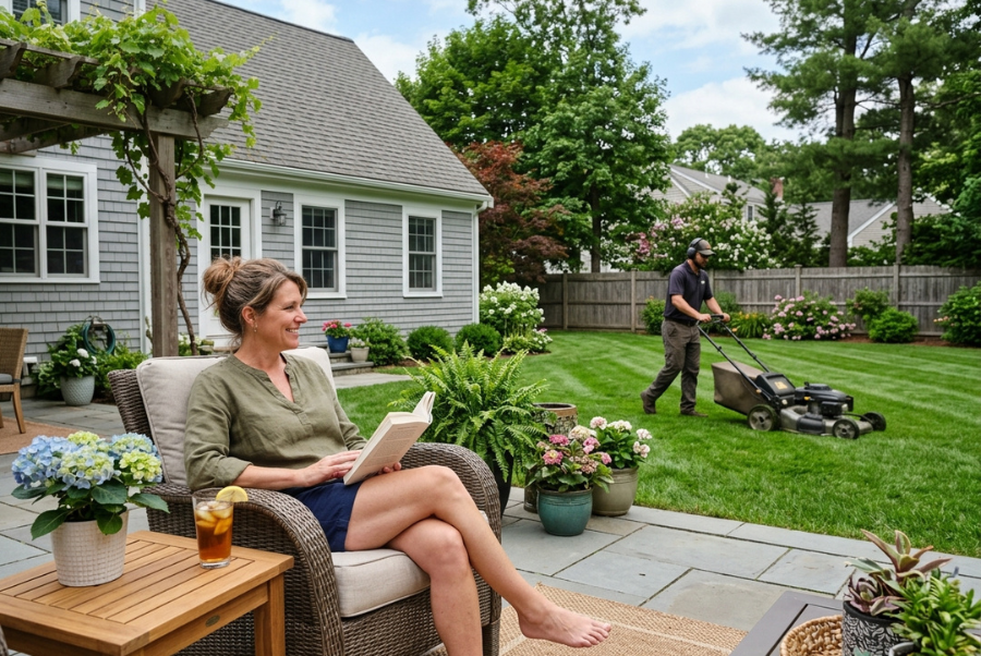 Homeowner enjoying free time while lawn is professionally mowed
