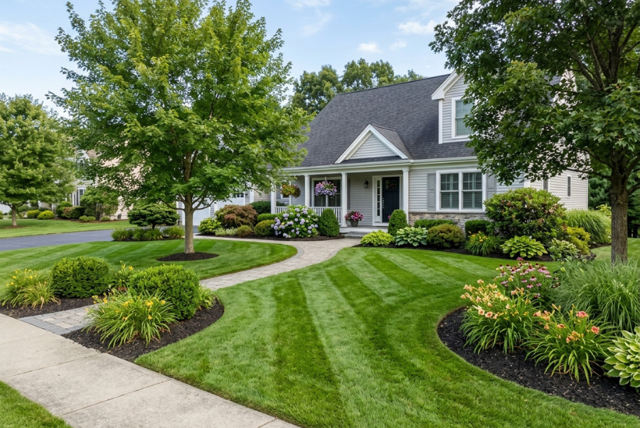 Professionally mowed residential lawn in Coventry RI