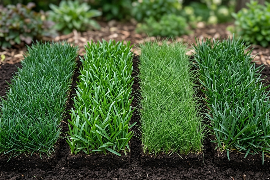 Four common cool-season grasses shown at appropriate mowing heights