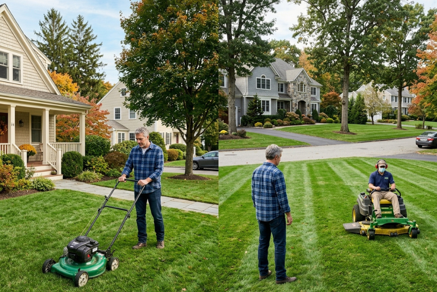 Homeowner evaluating lawn mowing options based on property and time