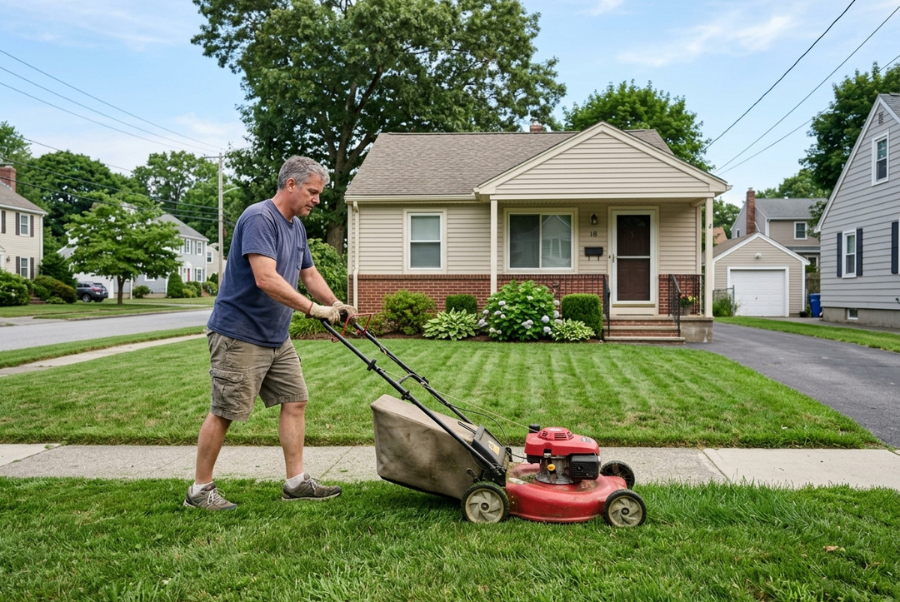 Homeowner mowing a manageable residential lawn with a mower