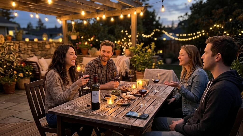 Backyard outdoor living installation with hardscape features