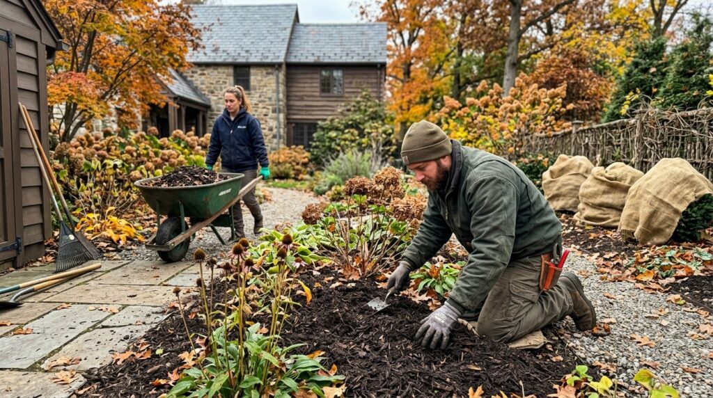 Fall yard service removing leaves from residential landscape