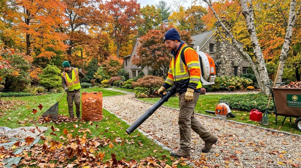 Fall landscape maintenance with leaf cleanup and lawn preparation
