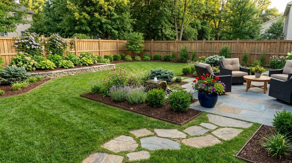 Backyard landscape installation with patio and garden design