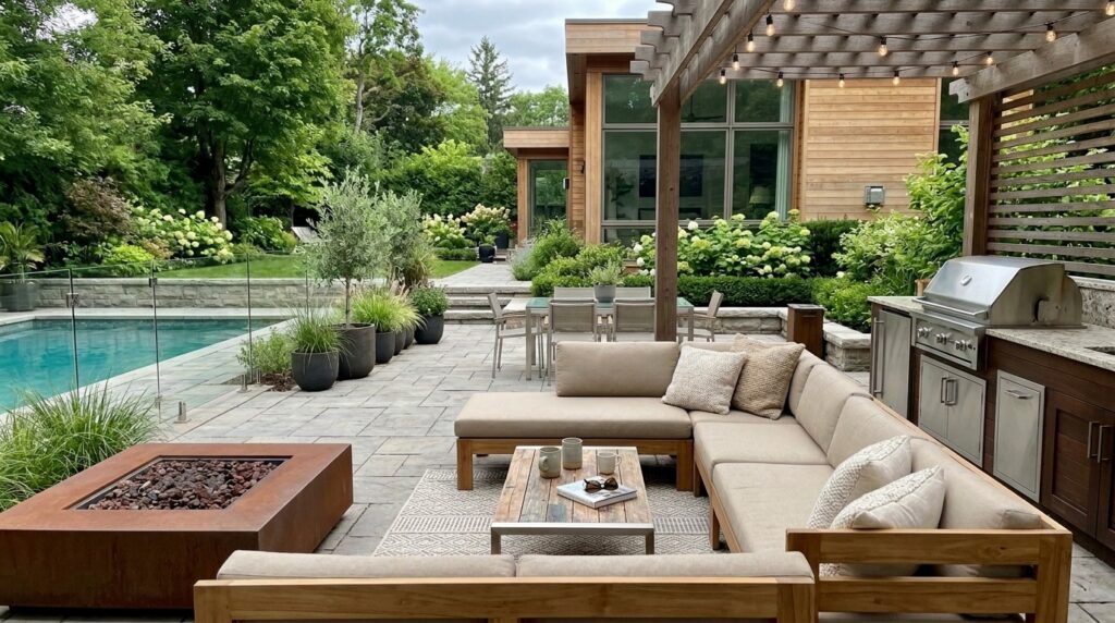 Outdoor living installation with patio and backyard seating area