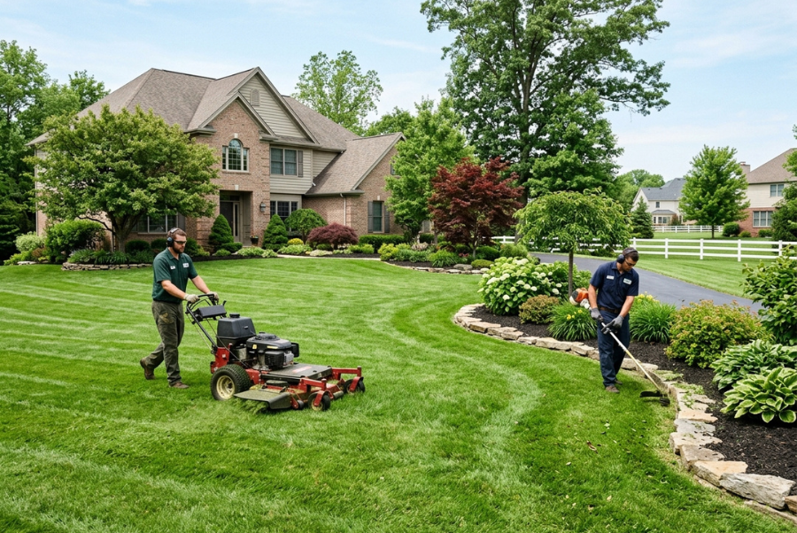 Professional mowing service maintaining a large residential lawn