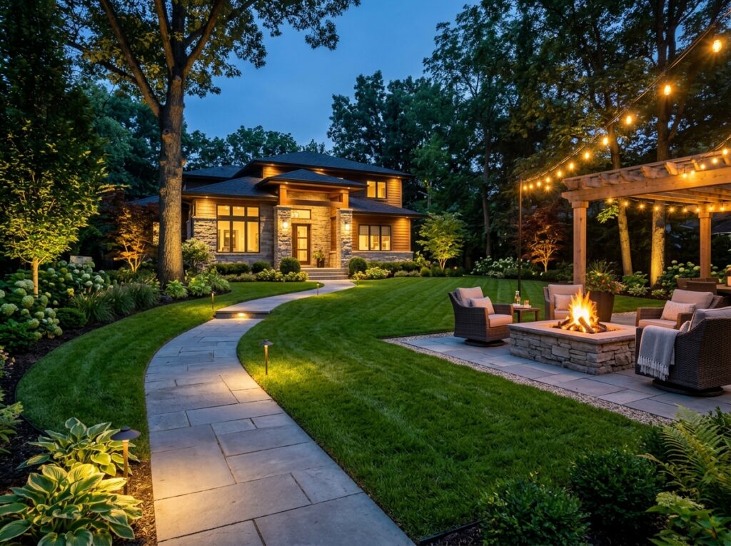 Landscape Lighting, Fire Features, and Lawn Care