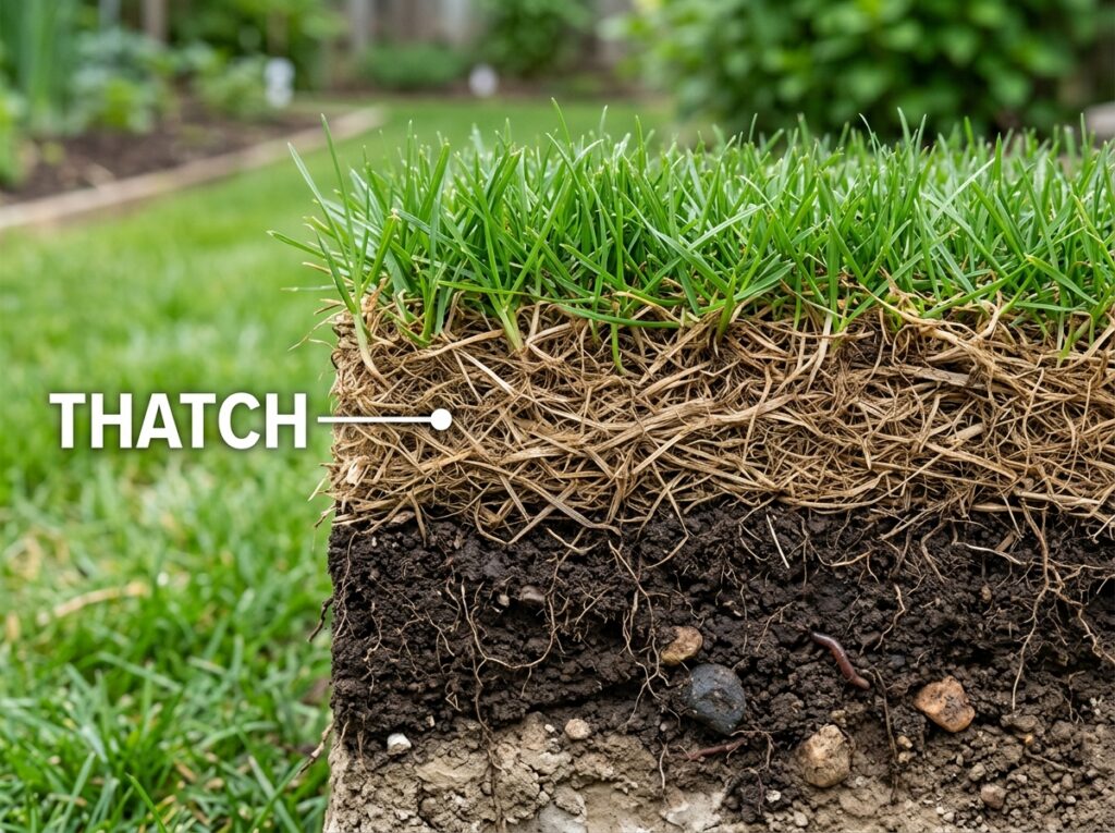 Thatch — the layer of dead grass, roots, and debris between the soil surface and green grass

Spring cleanup
