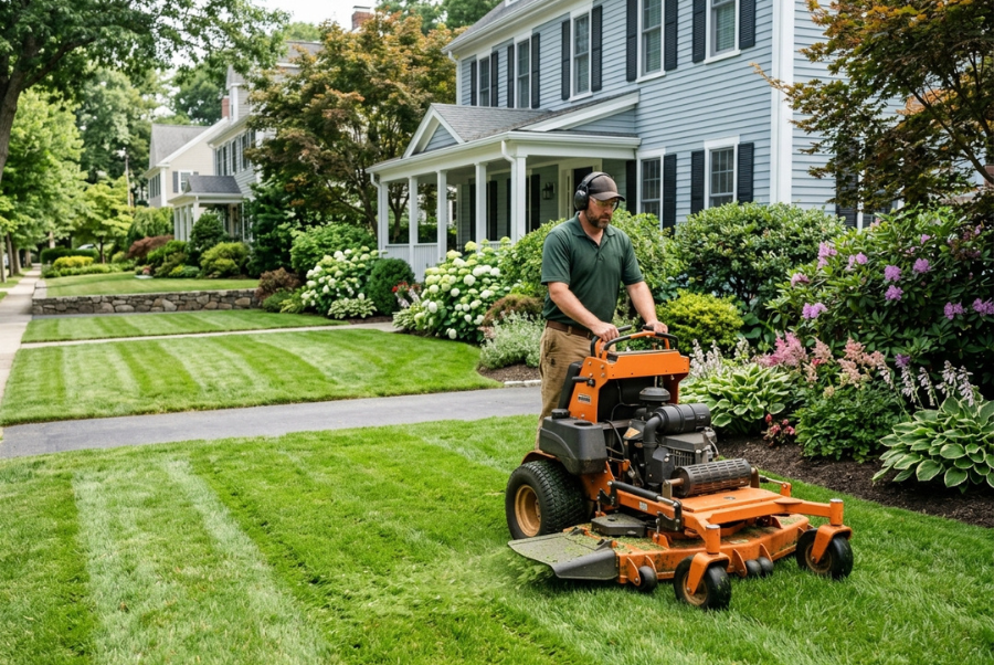 Professional lawn mowing service for a residential property