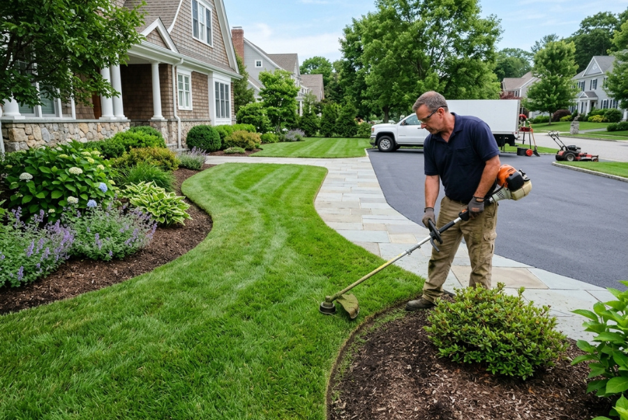 Professional trimming around landscape beds and walkways