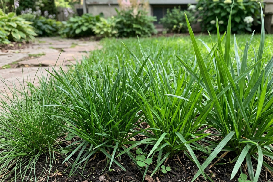 Different grass textures and growth characteristics in a residential lawn