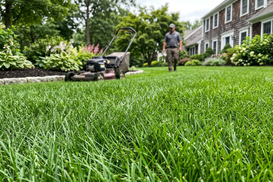 Kentucky bluegrass lawn being maintained in a residential yard