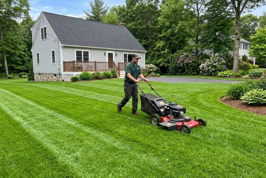 Healthy residential lawn being mowed in Coventry, Rhode Island