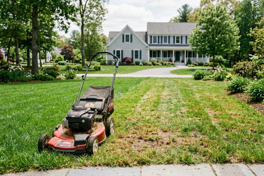 Lawn showing uneven and stressed grass after improper mowing