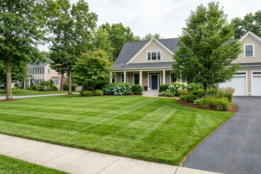 Freshly mowed healthy residential lawn in Coventry RI