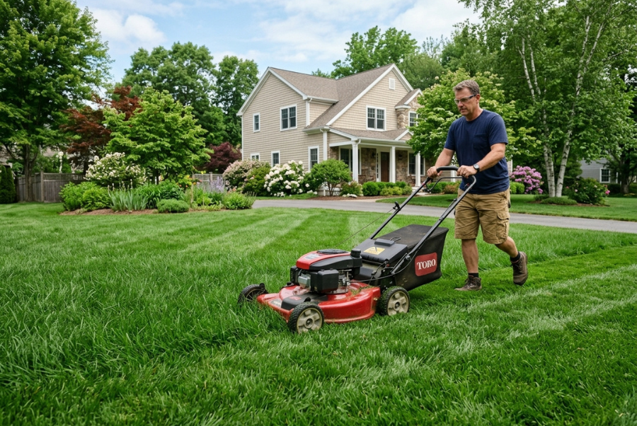 Perennial ryegrass lawn being mowed during active growth