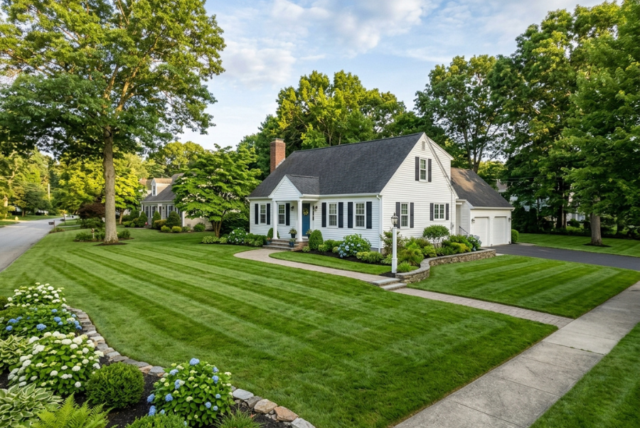 Well-maintained residential lawn after mowing in Coventry Rhode Island
