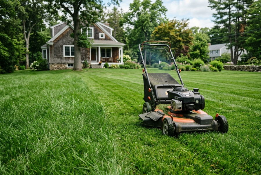 Lawn mower cutting grass on a residential lawn