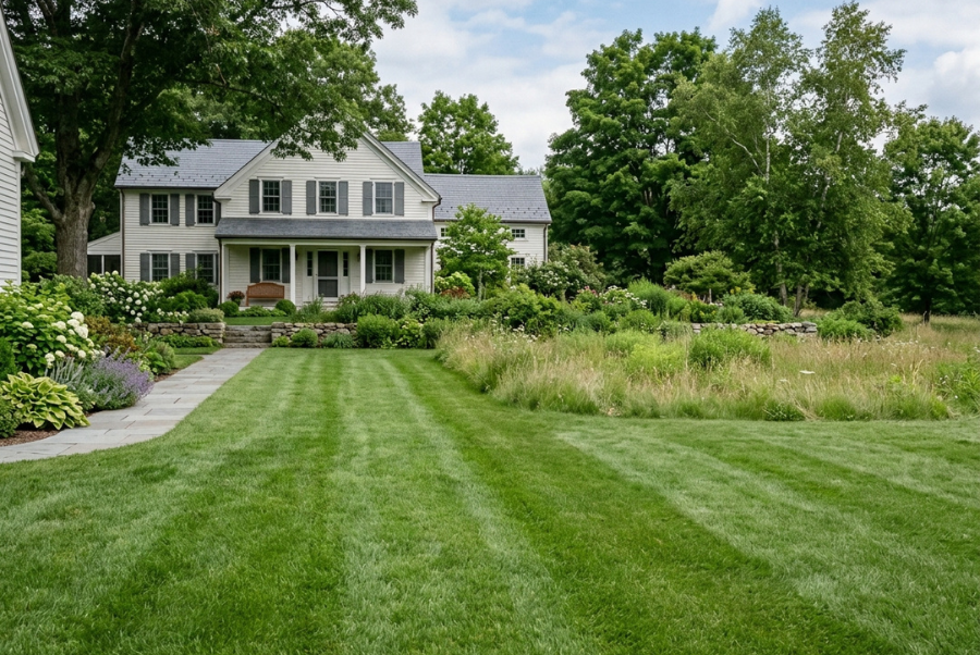 Consistently maintained lawn compared with overgrown grass
